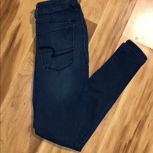 AE dark blue, high rise, skinny jeans.